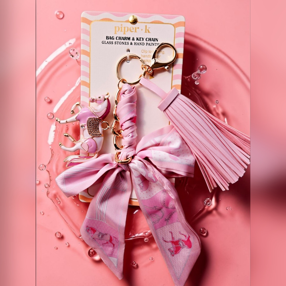 NEW Piper K Pink Bag Charm & Key Holder Tassel,Bow Glass Stones & Handpainted - Picture 3 of 4